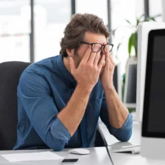 Un empleado de oficina sentado en su escritorio se cubre los ojos y el rostro con las manos en un gesto de severo agotamiento frente a la pantalla de su ordenador, ilustrando el software SaaS para la detección temprana y reducción del burnout corporativo y la fatiga laboral en entornos corporativos.
