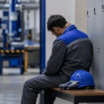Un operario con mono de trabajo gris y azul está sentado en un banco, cabizbajo y tocándose la nuca con gesto de fatiga al lado de su casco protector, ilustrando las soluciones de software corporativo para la prevención del estrés laboral y el agotamiento físico en puestos de fábrica o mantenimiento.