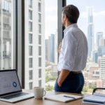 Un ejecutivo con jersey azul mira por el ventanal de su oficina con una mano sobre el pecho, simbolizando el autocontrol, la toma de conciencia y las herramientas de gestión emocional corporativa para líderes y empleados.