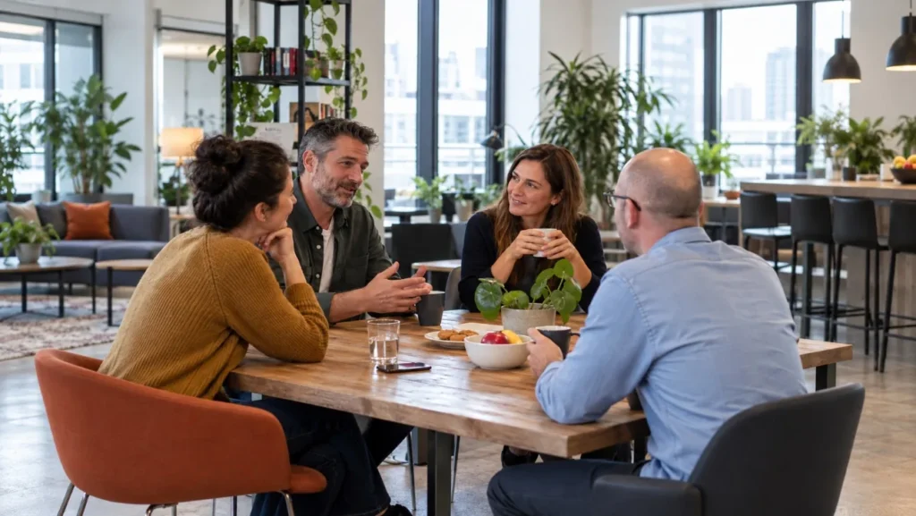 Cuatro compañeros de trabajo conversan en una pausa alrededor de una mesa con café, agua y fruta en una oficina luminosa con plantas, reflejando hábitos saludables en el trabajo.