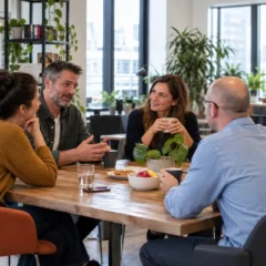 Cuatro compañeros de trabajo conversan en una pausa alrededor de una mesa con café, agua y fruta en una oficina luminosa con plantas, reflejando hábitos saludables en el trabajo.