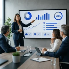 Una consultora presenta métricas en una pantalla interactiva con gráficos de barras, líneas de tendencia y un indicador del 78% ante un comité ejecutivo, ilustrando el servicio de software para medir el ROI y el impacto estratégico del bienestar emocional en la dirección de la empresa.