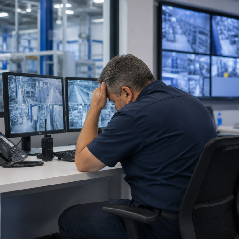 Operador de centro de control y monitoreo muestra fatiga extrema y problemas de sueño en su puesto de trabajo, ilustrando el impacto del cansancio en el absentismo laboral de empresas