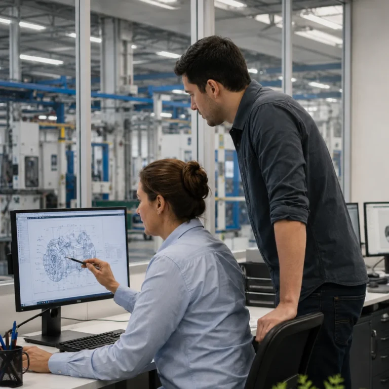 Ingenieros de automoción analizan un diseño CAD frente al ordenador, representando el sedentarismo y la fatiga postural en oficinas técnicas atendidos por servicios de salud B2B.