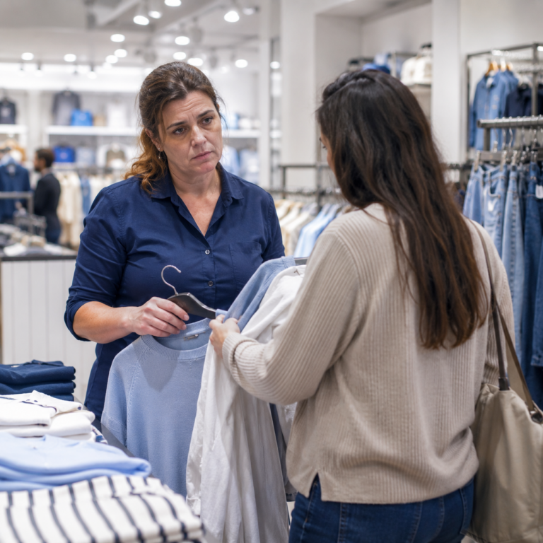 Dependienta de tienda de ropa muestra fatiga emocional y síntomas de síndrome de burnout al atender a una clienta, ilustrando los costes ocultos de salud mental en el sector retail.