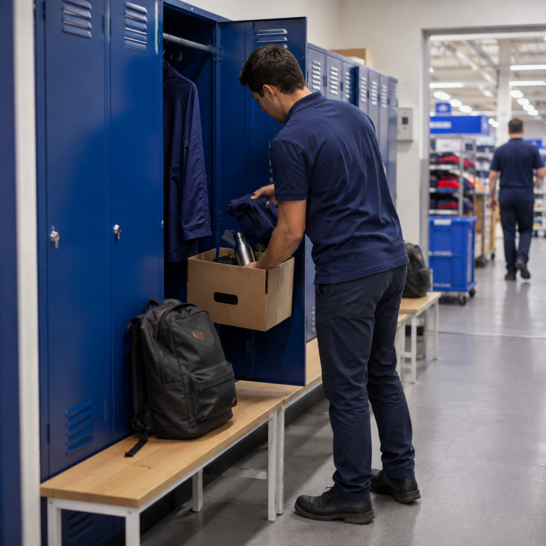 Empleado de tienda recoge sus pertenencias de la taquilla en una caja de cartón, representando la alta rotación de personal y sus costes ocultos en el sector retail.