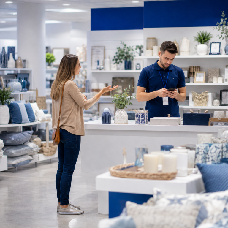 Dependiente de tienda de decoración distraído con su móvil ignora a una clienta, representando el presentismo laboral y la falta de compromiso en el sector retail.
