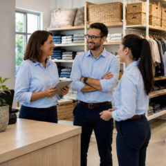 Equipo de empleados de tienda de ropa sonrientes y motivados en su jornada, reflejando el impacto de un programa B2B de salud y bienestar integral para el sector retail.