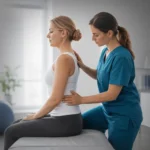 Una fisioterapeuta con uniforme azul evalúa y corrige la postura de la espalda de una empleada sentada en una camilla, ilustrando los servicios corporativos de fisioterapia presencial o híbrida para el tratamiento y prevención de lesiones musculares.