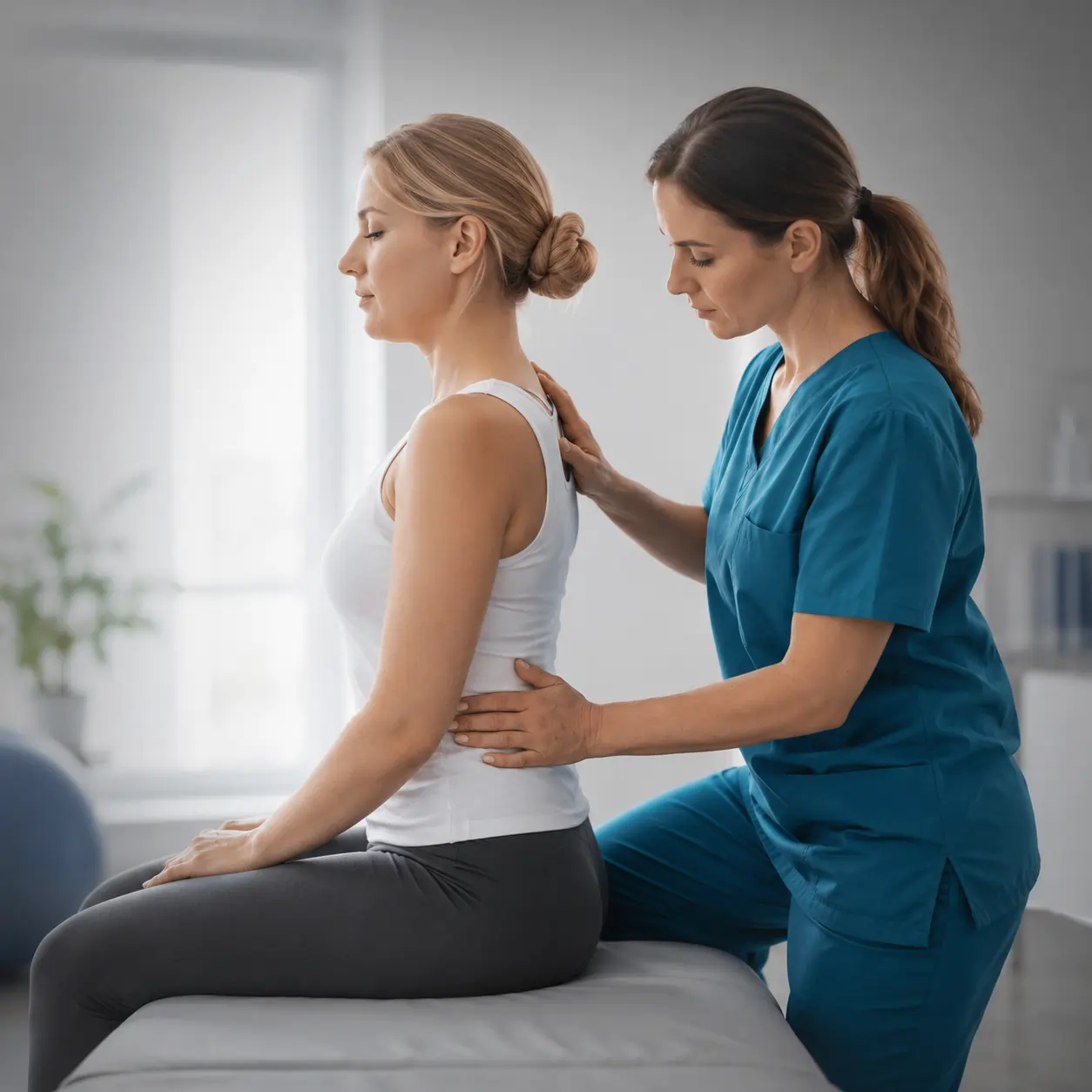 Una fisioterapeuta con uniforme azul evalúa y corrige la postura de la espalda de una empleada sentada en una camilla, ilustrando los servicios corporativos de fisioterapia presencial o híbrida para el tratamiento y prevención de lesiones musculares.