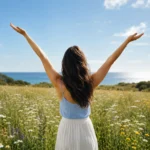 Vista trasera de una mujer con los brazos abiertos en un campo de flores silvestres frente al mar, simbolizando la salud mental, el bienestar mental y la felicidad del empleado gracias a una cultura corporativa equilibrada.