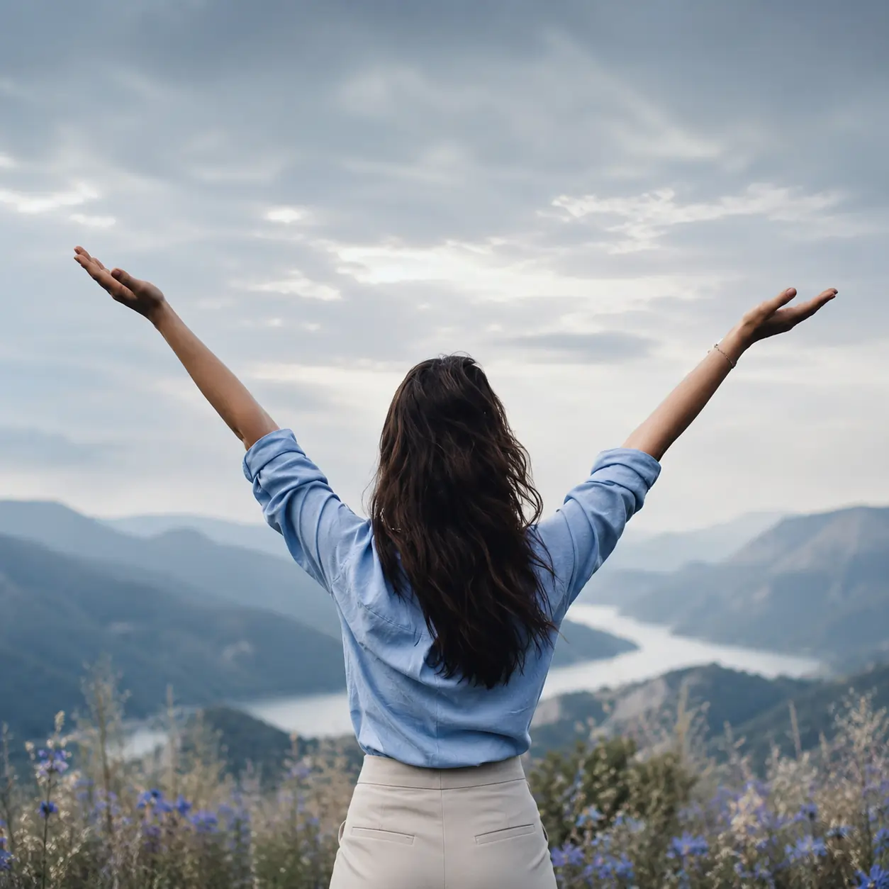 Vista trasera de una mujer con los brazos abiertos en un campo de flores silvestres frente al mar, simbolizando la salud mental, el bienestar mental y la felicidad del empleado gracias a una cultura corporativa equilibrada.