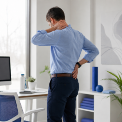 Profesional corporativo con molestias musculares por fatiga postural, ideal para servicios de prevención de riesgos ergonómicos y bienestar en empresas.