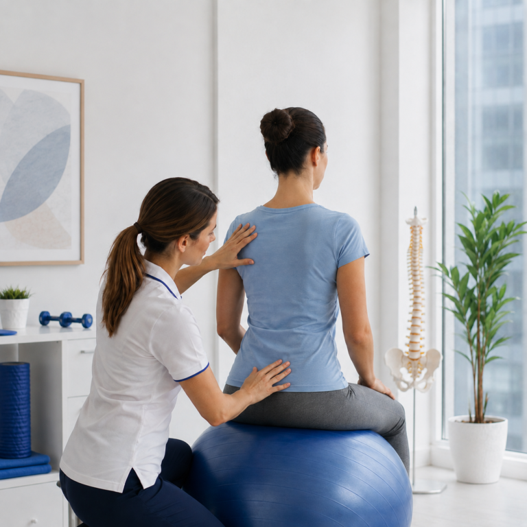 Fisioterapeuta corporativo examina y evalúa la postura de la columna y hombros de un empleado, como parte de los servicios de salud y bienestar integral B2B.