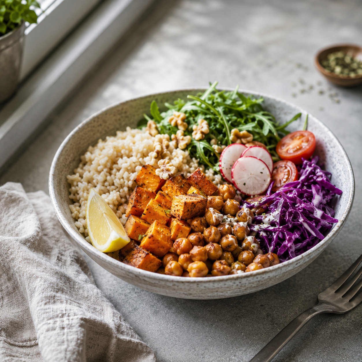 Alimentación saludable en el entorno de trabajo: un bowl nutritivo que ejemplifica los planes de alimentación equilibrada para el bienestar de los empleados.