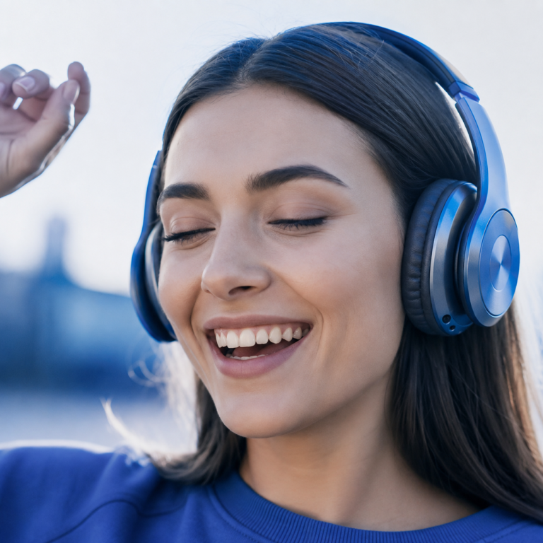 Empleada feliz con auriculares sonríe durante un taller corporativo de bienestar laboral y salud mental en la empresa.